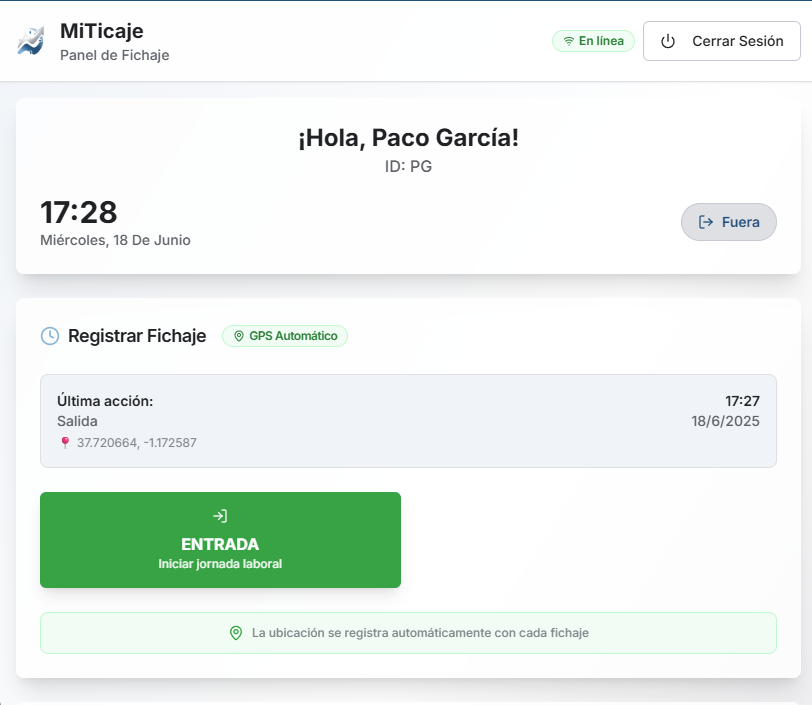 Pantalla de fichaje en la tablet